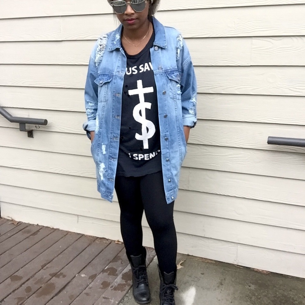 Longline Oversized Distressed Blue Jean Jacket - Picture 3 of 6